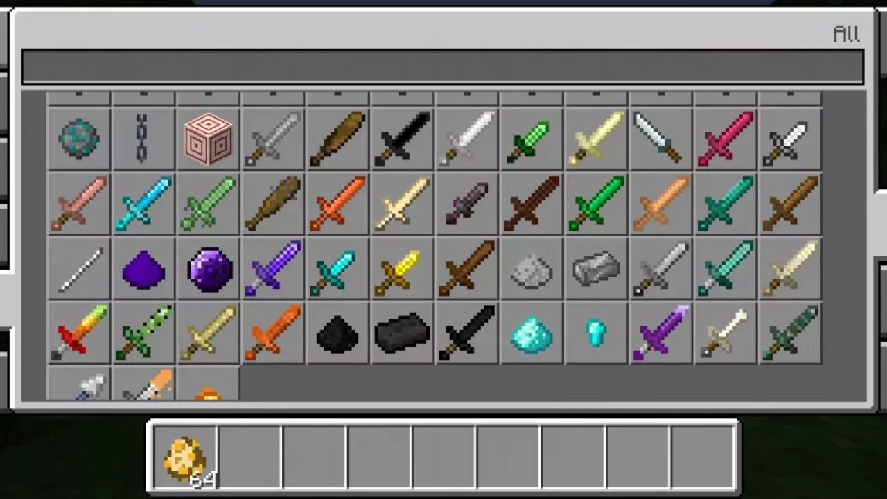 Inventory from Transforming Sword Mod for Minecraft PE